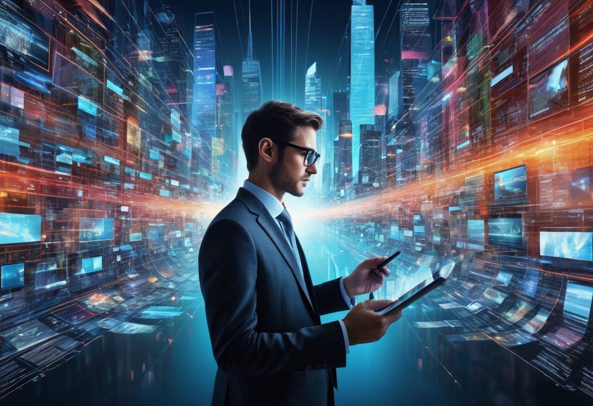 A dynamic collage of various media channels like newspapers, television screens, and digital devices, interconnected through glowing data lines. In the foreground, a journalist surrounded by holographic news articles and social media feeds, symbolizing the fusion of traditional and modern journalism. A futuristic city skyline reflects the impact of digital transformation. super-realistic. vibrant colors. dynamic layout.