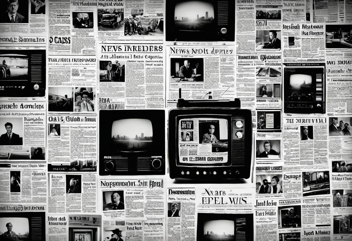 A visually striking collage illustrating the evolution of news coverage from print newspapers to modern digital media. Include iconic images such as a vintage newspaper, a classic radio, a black-and-white television set, and a smartphone displaying a news app, all set against a backdrop that transitions from sepia-toned to vibrant digital colors. The composition should convey the passage of time and the transformation of information dissemination. vibrant colors. 3D. modern style.