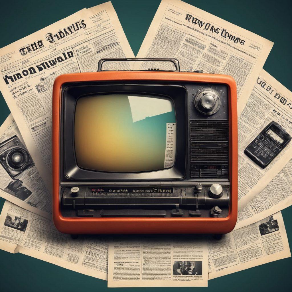 A visually captivating timeline showcasing the evolution of news media: starting with a vintage newspaper on one end, transitioning to a retro television, and finally culminating in a modern smartphone displaying digital news. Include iconic elements like typewriters, old radios, and social media icons, all set against a gradient background symbolizing the passage of time. vibrant colors. modern sleek style.